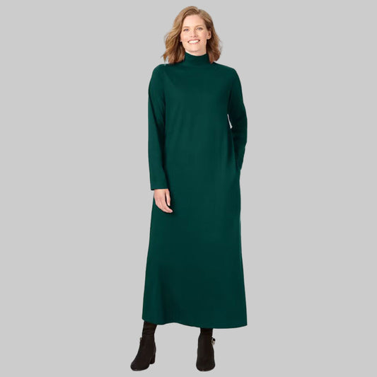 Plus-size woman wearing Emerald Green Mockneck Dress with long sleeves