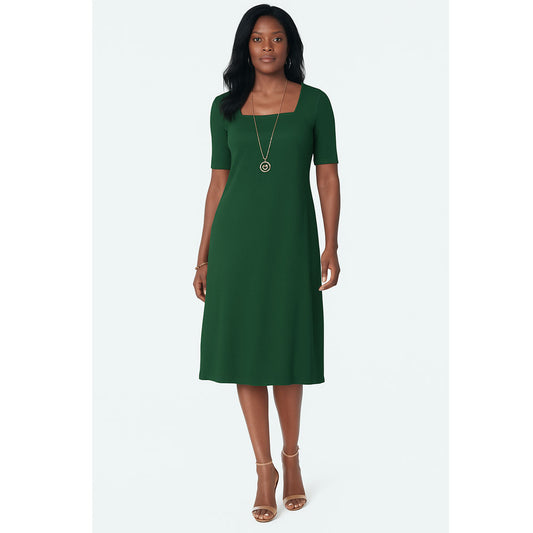 Plus-size midi dress with square neckline, short sleeves, and A-line silhouette in soft cotton-spandex fabric