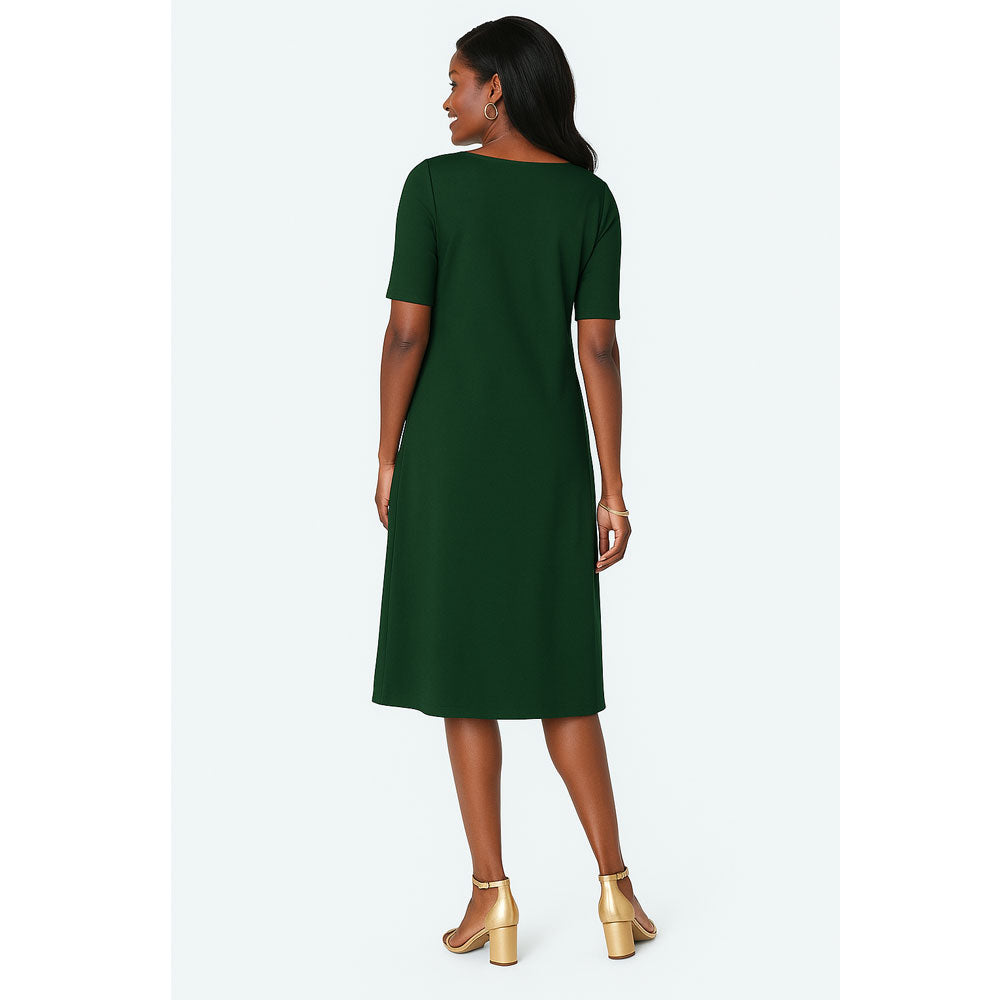 Plus-size midi dress with square neckline, short sleeves, and A-line silhouette in soft cotton-spandex fabric