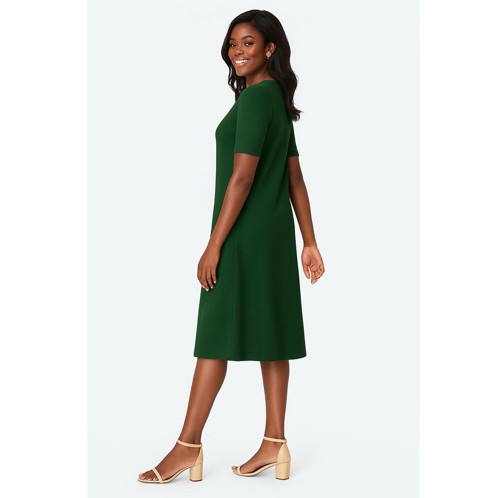 Plus-size midi dress with square neckline, short sleeves, and A-line silhouette in soft cotton-spandex fabric