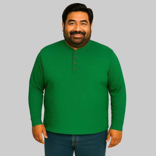 Model wearing emerald green waffle-knit thermal Henley tee with ribbed cuffs and five-button placket against a plain white background.