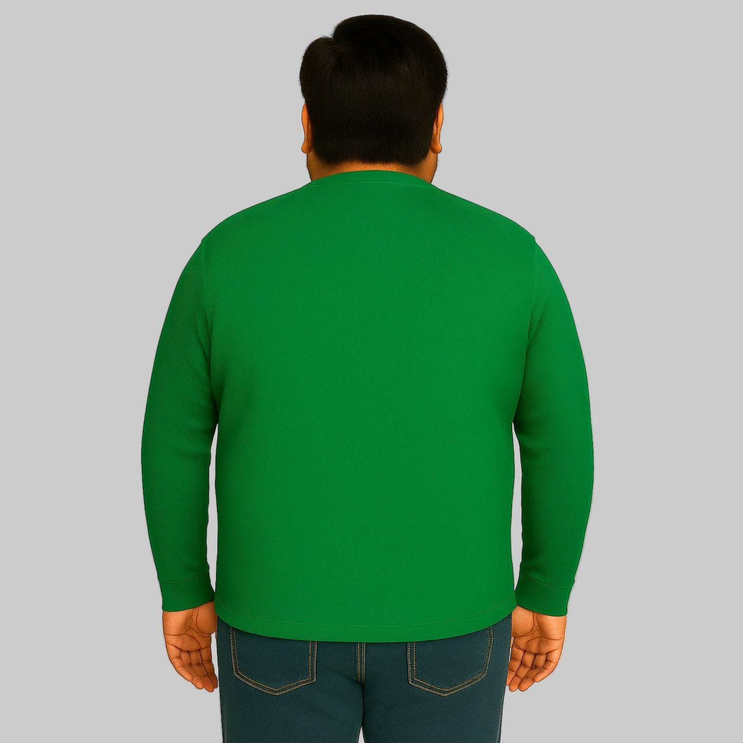 Model wearing emerald green waffle-knit thermal Henley tee with ribbed cuffs and five-button placket against a plain white background.