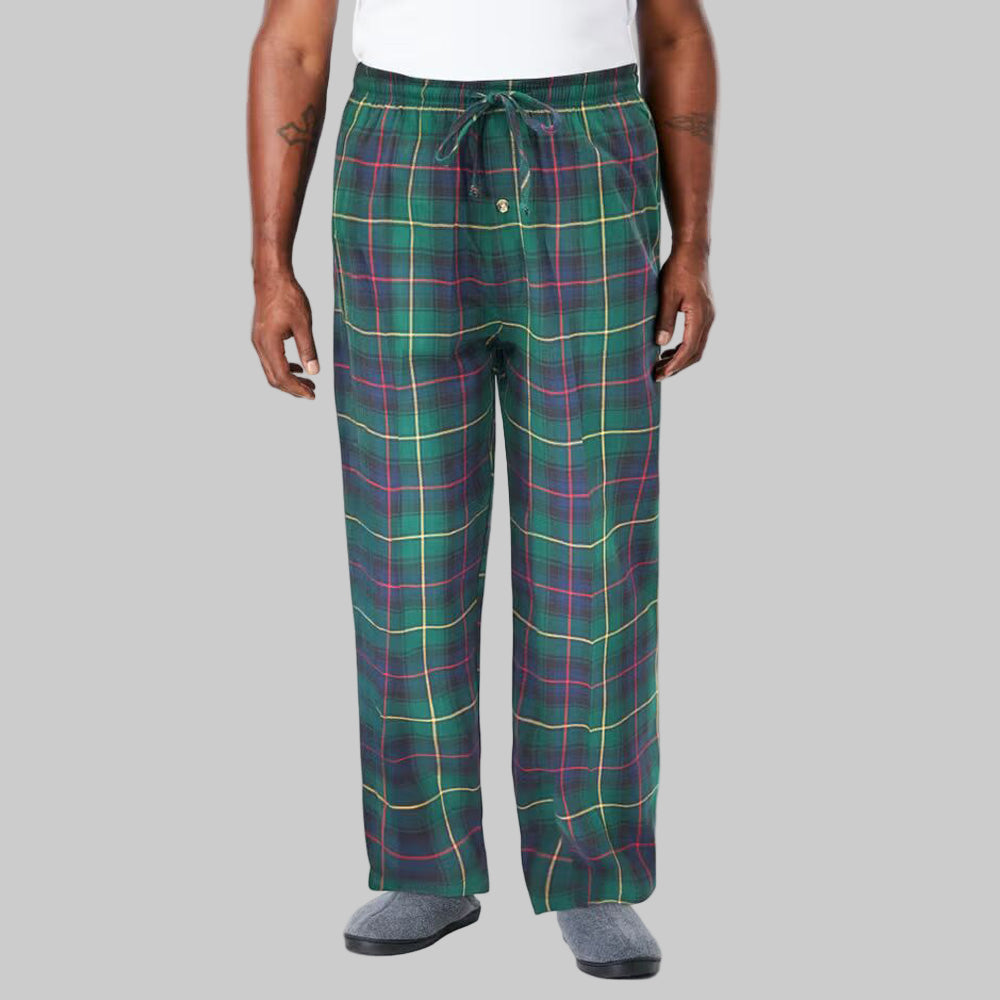 Emerald yellow plaid flannel pajama pants with elastic waistband, drawstring, and side pockets, made from soft brushed cotton fabric.