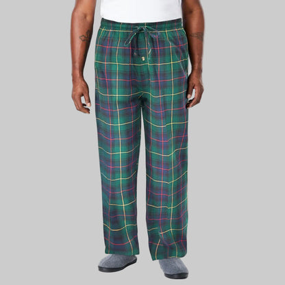 Emerald yellow plaid flannel pajama pants with elastic waistband, drawstring, and side pockets, made from soft brushed cotton fabric.