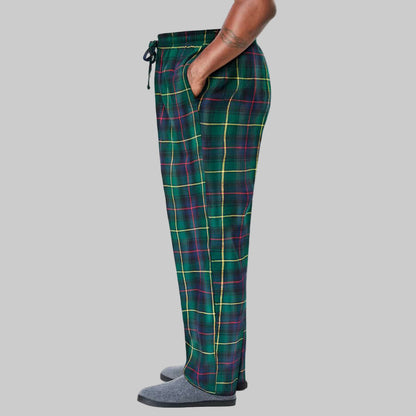 Emerald yellow plaid flannel pajama pants with elastic waistband, drawstring, and side pockets, made from soft brushed cotton fabric.