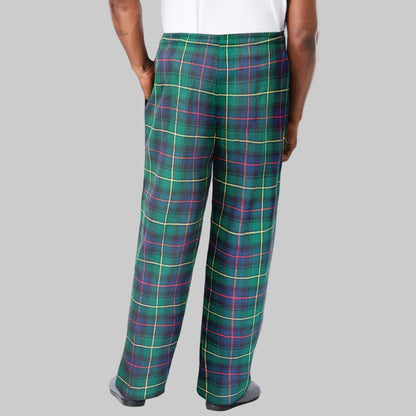 Emerald yellow plaid flannel pajama pants with elastic waistband, drawstring, and side pockets, made from soft brushed cotton fabric.