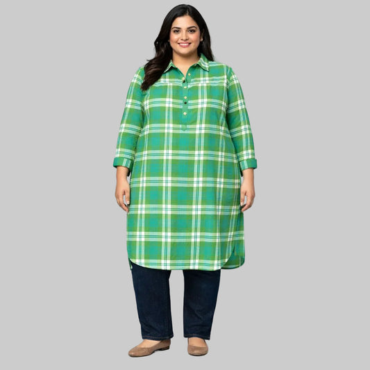 Plus size emerald green plaid cotton flannel tunic dress with collar and button placket