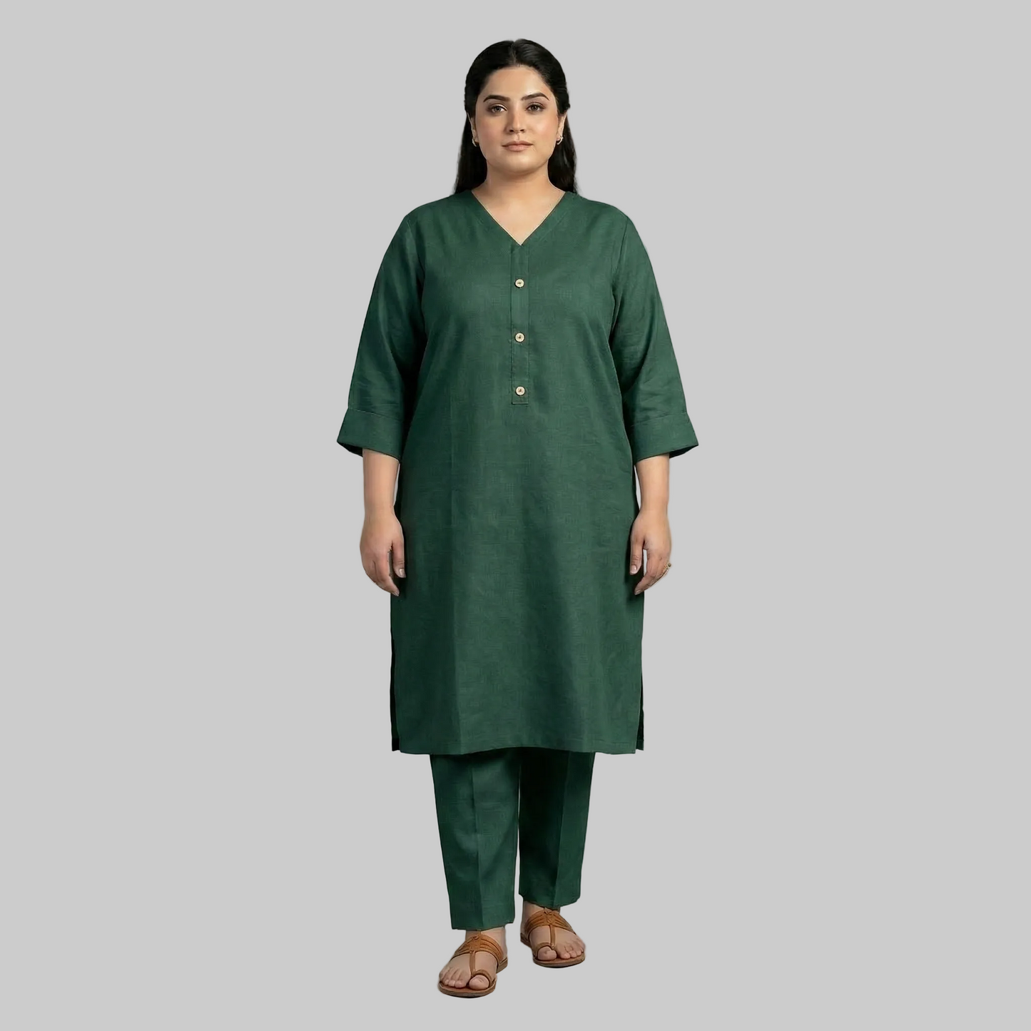 Emerald Ease Plus Size Green Cotton Co-Ord Set – Women's Straight Kurta & Trouser XL–5XL | PlusSize.pk Pakistan