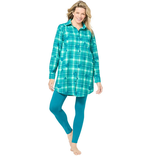 Emerald plaid flannel lounge shirt with button front and long sleeves laid flat showing soft brushed fabric and classic check pattern
