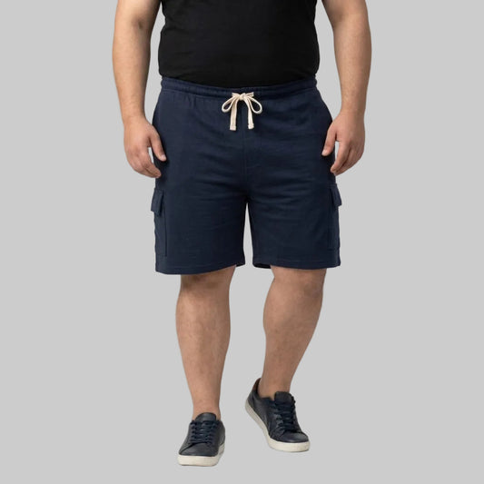 Essential Navy Terry Cargo Shorts made from soft terry fabric with cargo pockets and an elastic drawstring waistband for comfortable everyday wear.