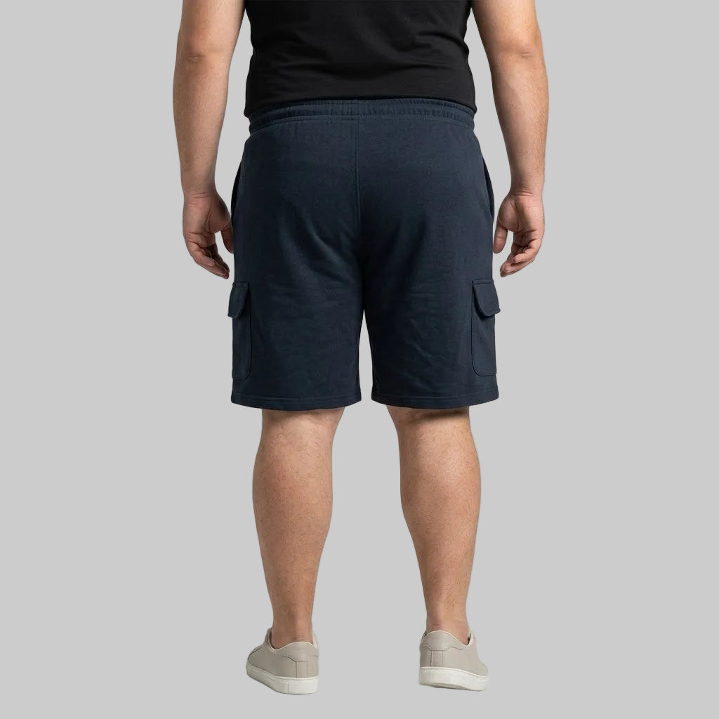 Essential Navy Terry Cargo Shorts made from soft terry fabric with cargo pockets and an elastic drawstring waistband for comfortable everyday wear.
