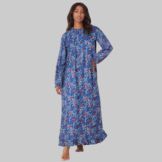Women’s Evening Blue Cardinals Long Flannel Nightgown with bib front, ruffled sleeves, and maxi length.