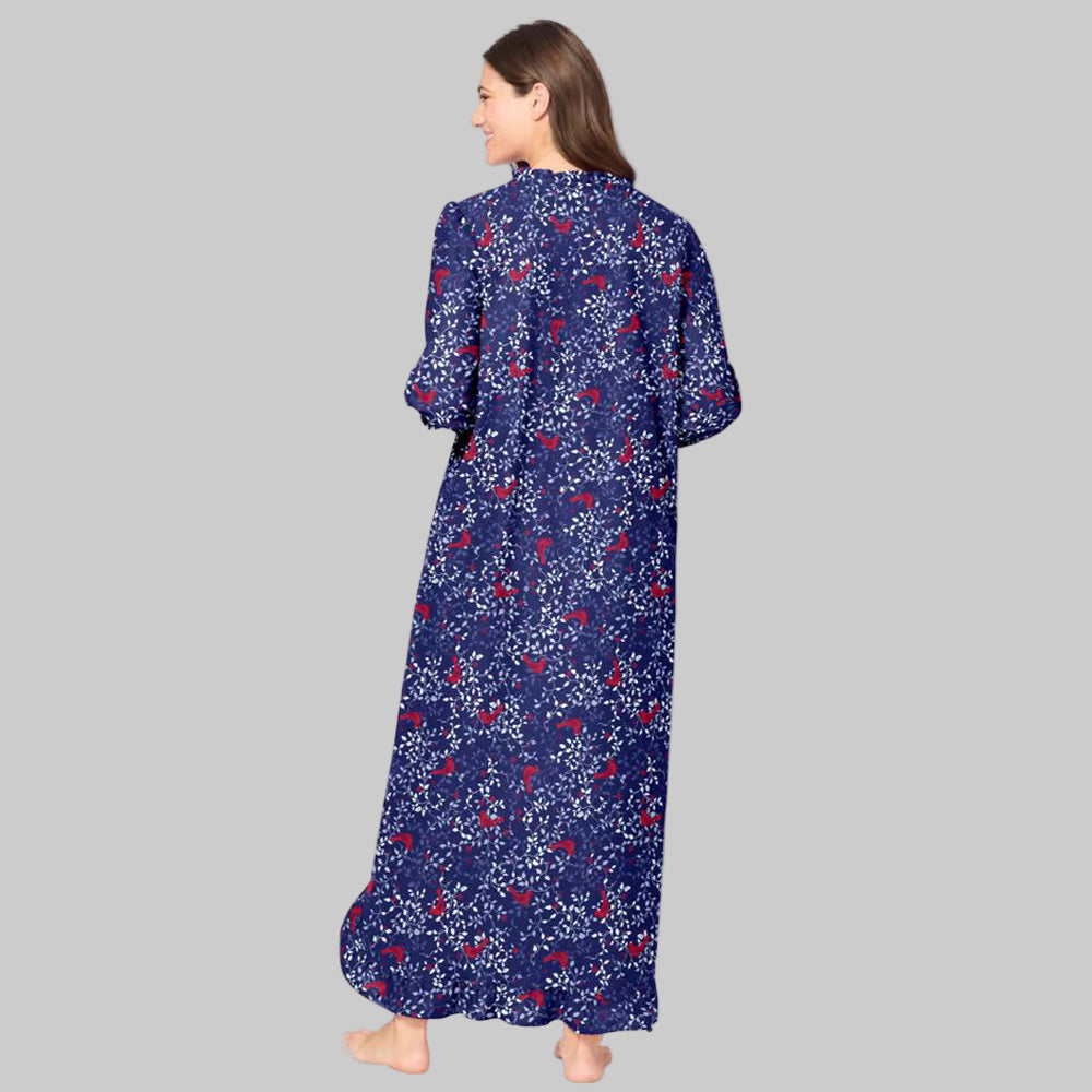 Women’s Evening Blue Cardinals Long Flannel Nightgown with bib front, ruffled sleeves, and maxi length.