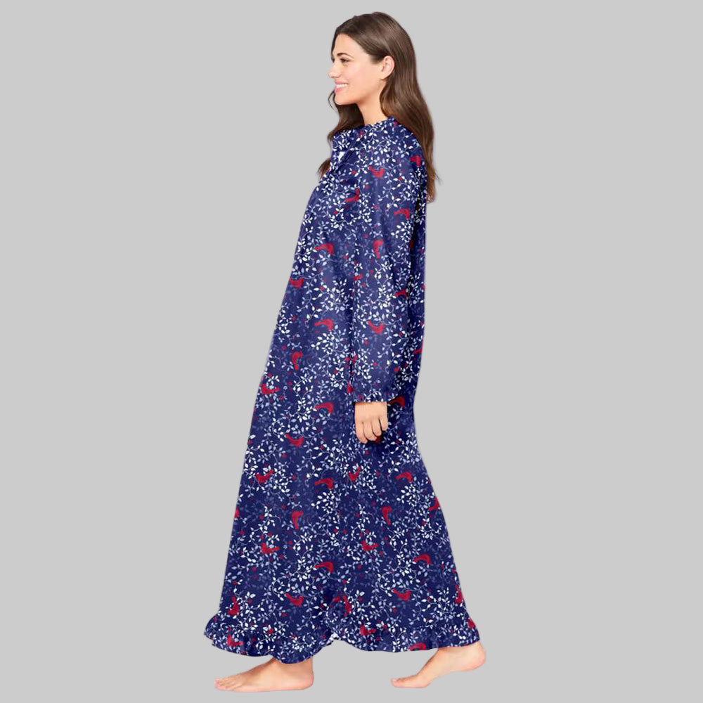 Women’s Evening Blue Cardinals Long Flannel Nightgown with bib front, ruffled sleeves, and maxi length.