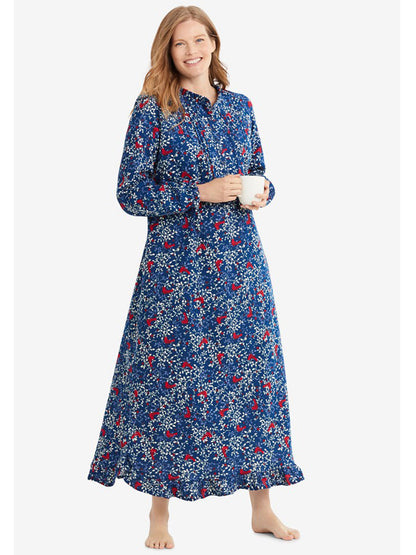 Evening Blue Cardinals Long Flannel Nightgown PSW-9040