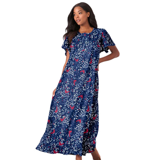 Women’s Evening Blue Cardinals long floral cotton gown with flutter sleeves, ruffled hem, pintucks, and flower-shaped buttons, made from breathable cotton.