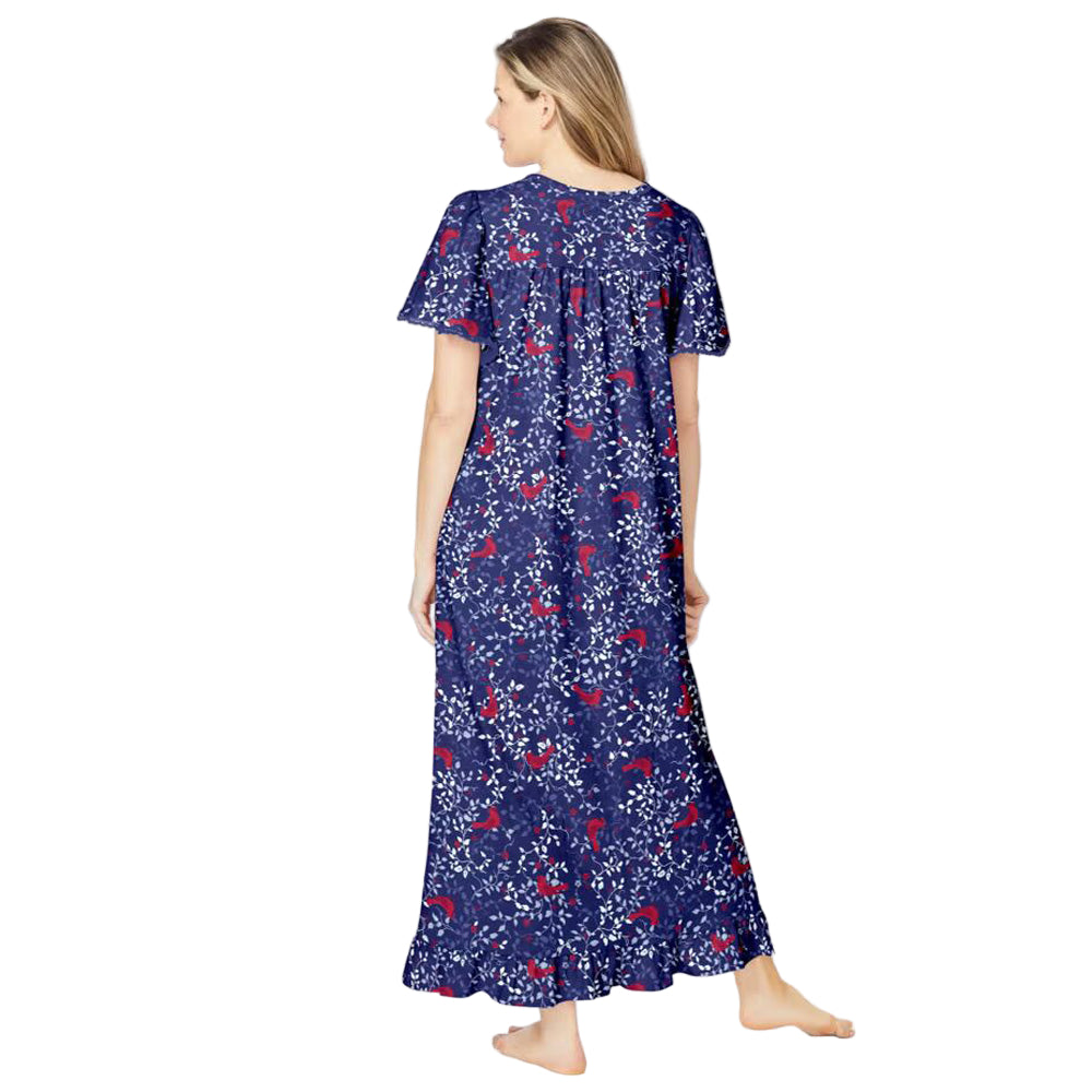 Women’s Evening Blue Cardinals long floral cotton gown with flutter sleeves, ruffled hem, pintucks, and flower-shaped buttons, made from breathable cotton.