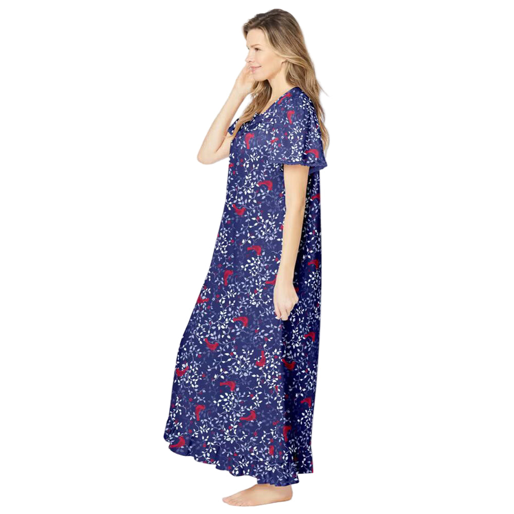 Women’s Evening Blue Cardinals long floral cotton gown with flutter sleeves, ruffled hem, pintucks, and flower-shaped buttons, made from breathable cotton.