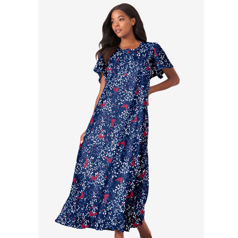 Evening Blue Cardinals Long Floral Print Cotton Gown PSW-7692