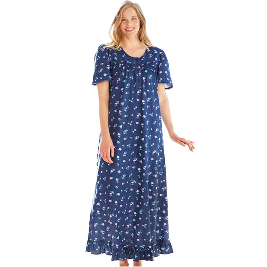 Evening blue floral print long cotton nightgown with lace-trimmed yoke