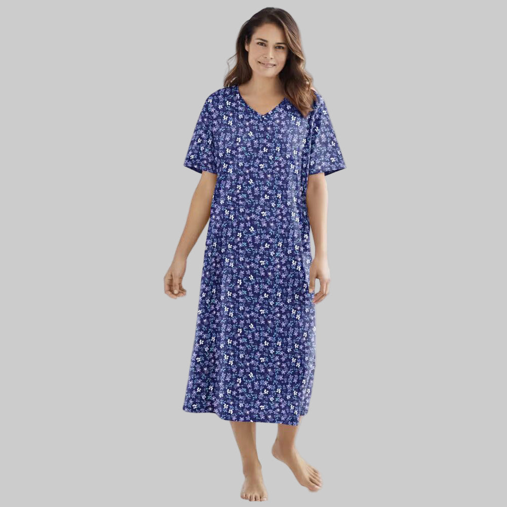 Evening Blue Flowers long print cotton sleepshirt with V-neck, short sleeves, side slits, and floral pattern for women’s sleepwear.
