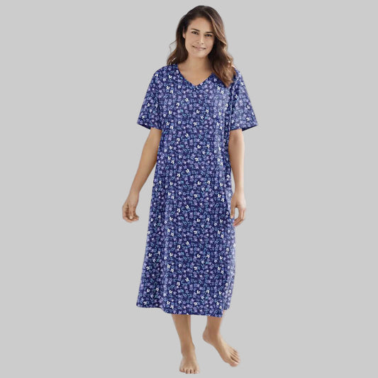 Evening Blue Flowers long print cotton sleepshirt with V-neck, short sleeves, side slits, and floral pattern for women’s sleepwear.