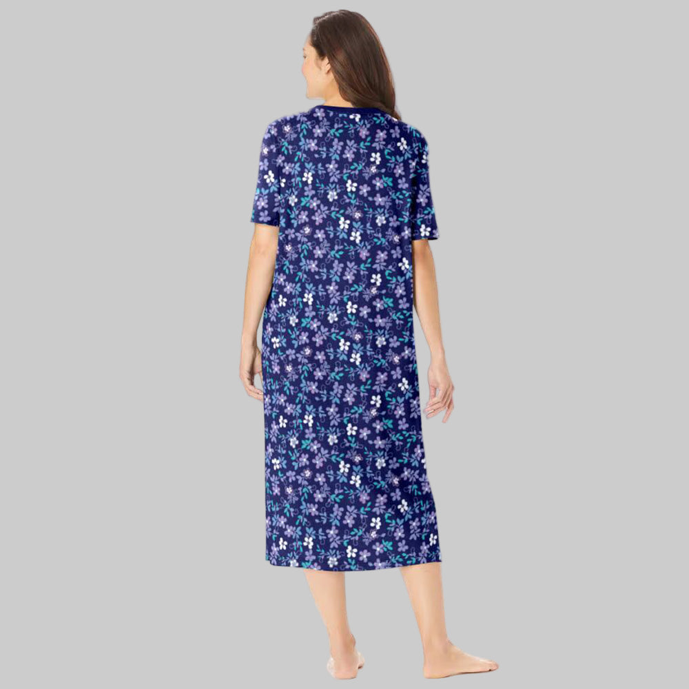 Evening Blue Flowers long print cotton sleepshirt with V-neck, short sleeves, side slits, and floral pattern for women’s sleepwear.