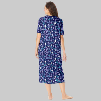 Evening Blue Flowers long print cotton sleepshirt with V-neck, short sleeves, side slits, and floral pattern for women’s sleepwear.