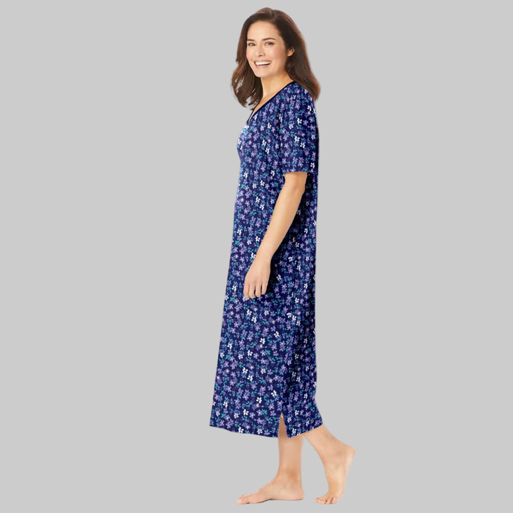 Evening Blue Flowers long print cotton sleepshirt with V-neck, short sleeves, side slits, and floral pattern for women’s sleepwear.