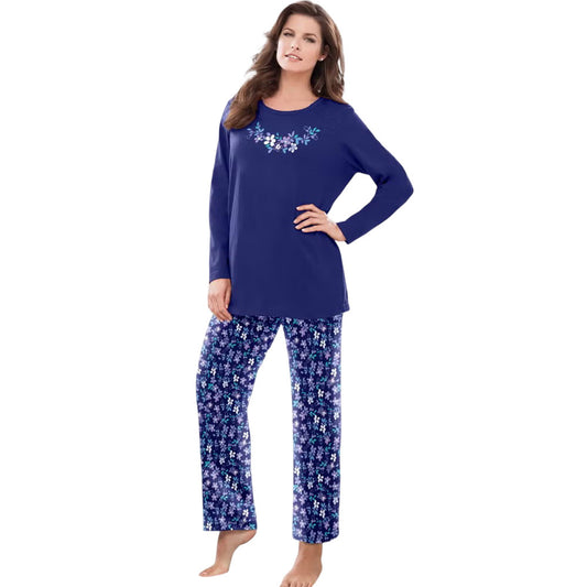 Evening Blue Flowers Long Sleeve Knit Pajama Set – Floral Sleepwear