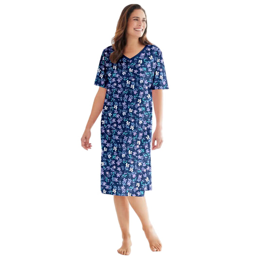 Close-up of Evening Blue floral cotton fabric with ribbed V-neck