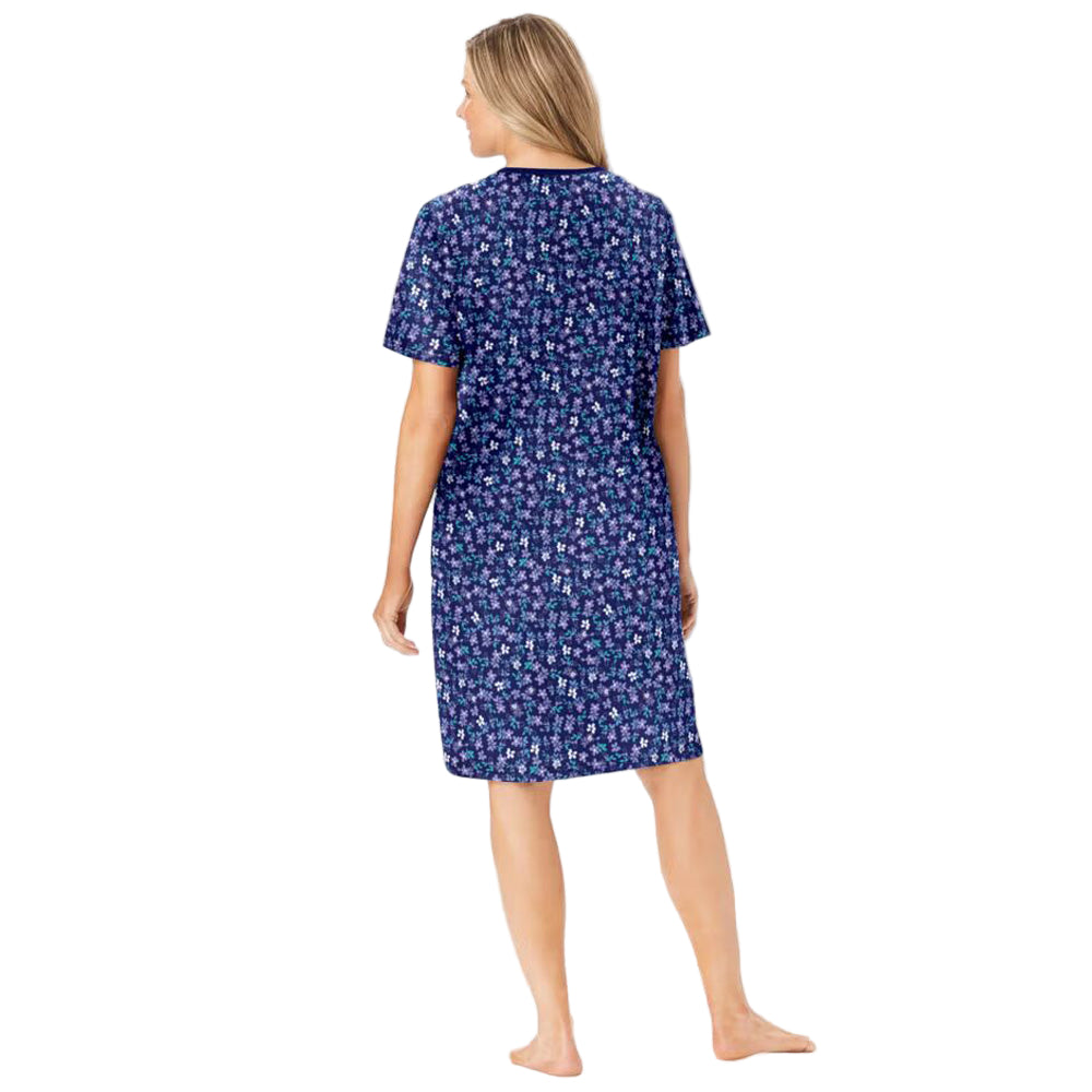 Close-up of Evening Blue floral cotton fabric with ribbed V-neck