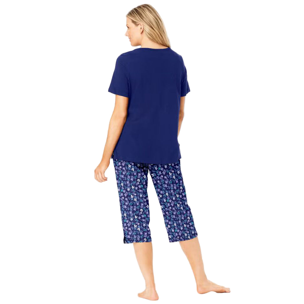 Women’s Pool Blue Cosmic Dreams Plus Size Capri Pajama Set with short-sleeve graphic tee and elastic waist capri bottoms, made from breathable cotton.