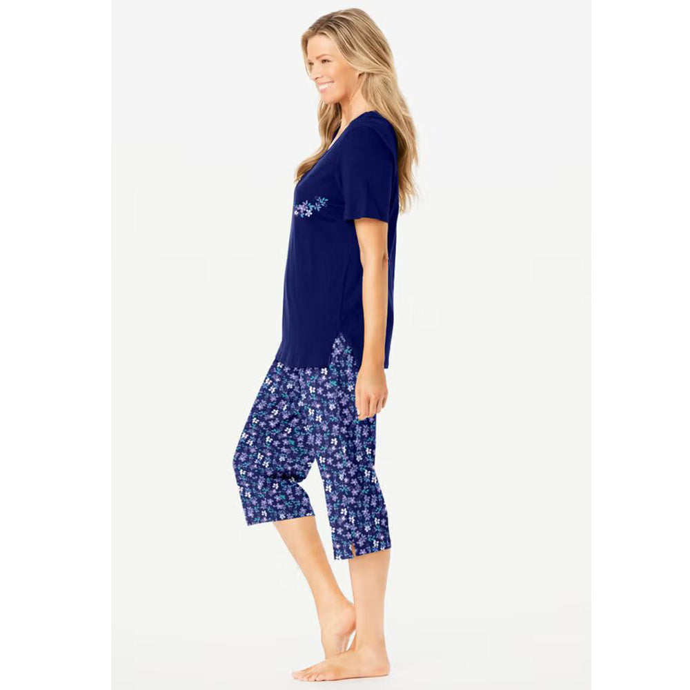Women’s Evening Blue Flowers two piece pajama set with V-neck tunic top and matching capri bottoms, made from breathable cotton.