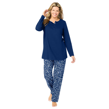 Women’s Evening Blue Ivory Henley Pajama Set with solid henley-style top and floral elastic waist pants, made from soft pure cotton.