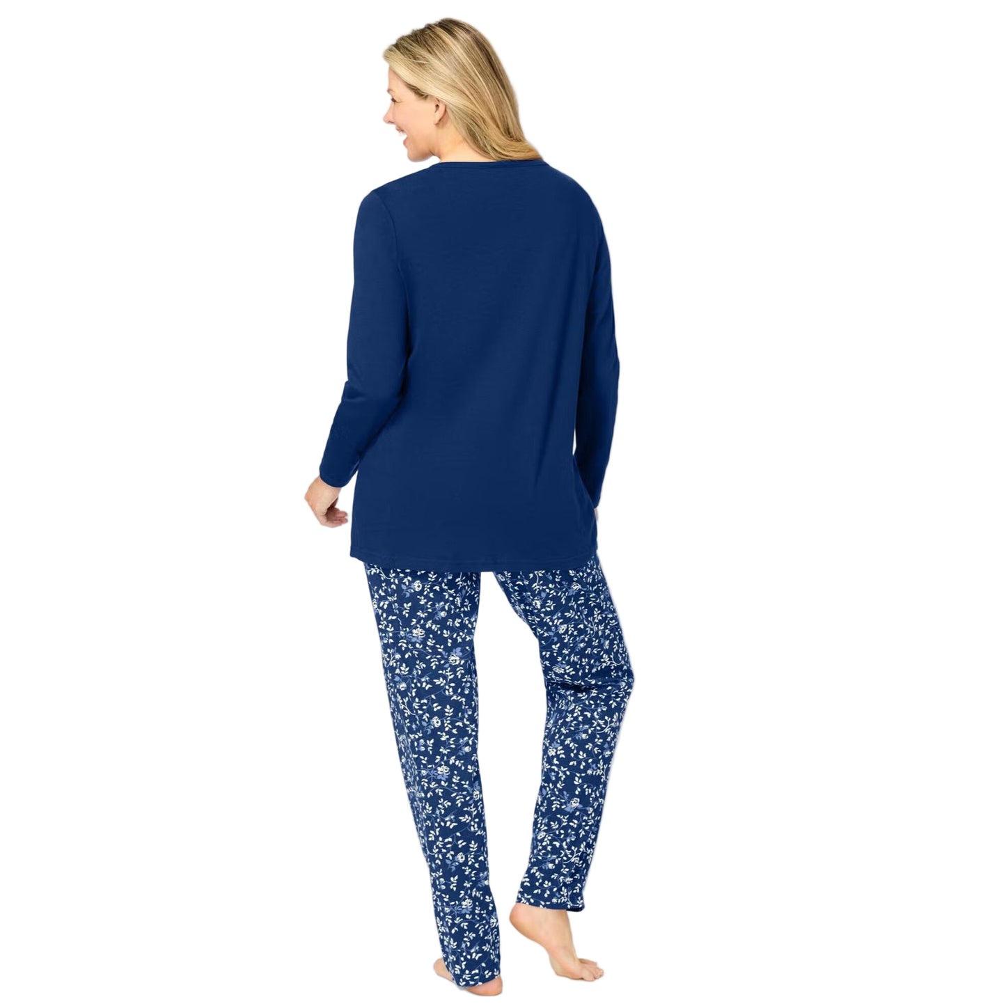 Women’s Evening Blue Ivory Henley Pajama Set with solid henley-style top and floral elastic waist pants, made from soft pure cotton.