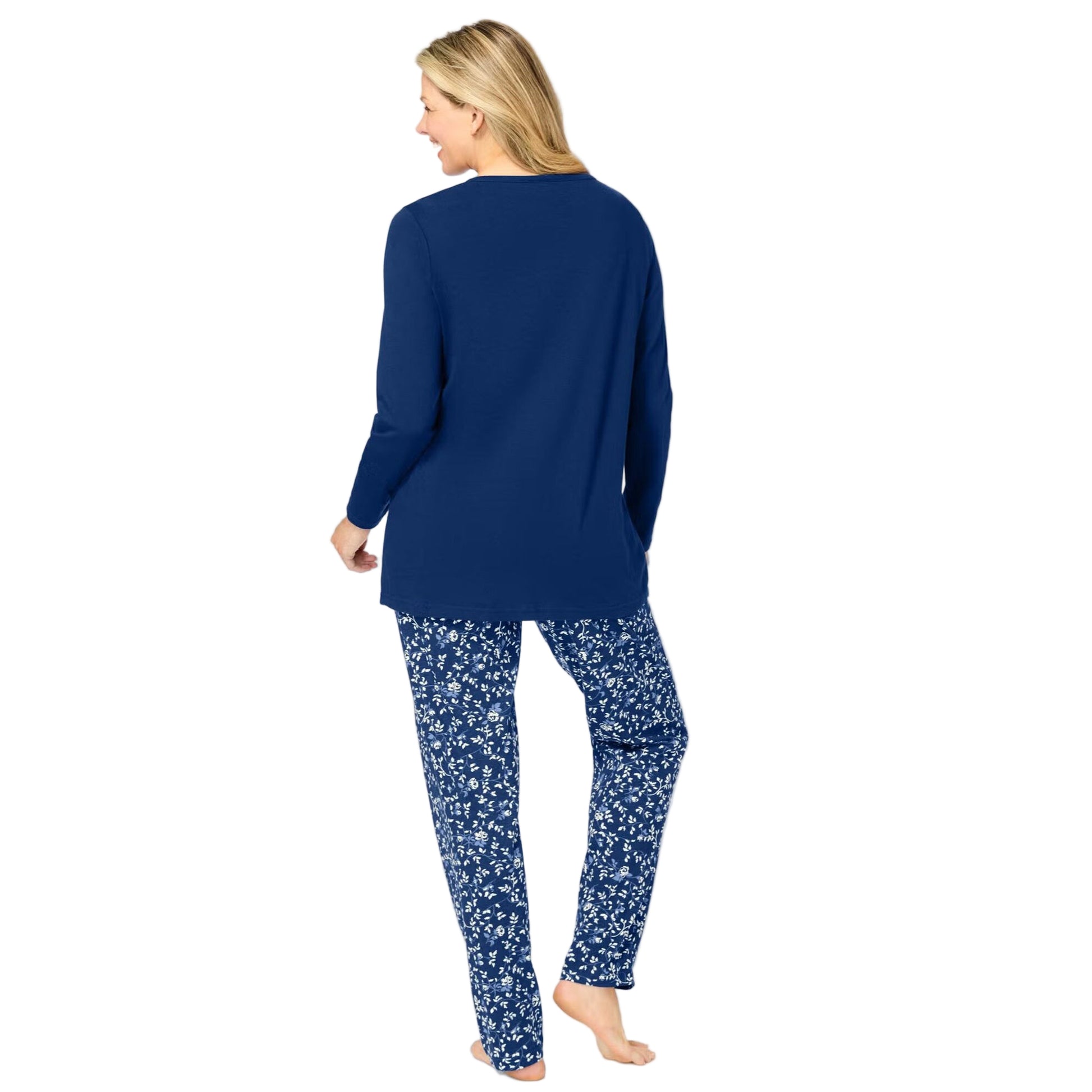 Women’s Evening Blue Ivory Henley Pajama Set with solid henley-style top and floral elastic waist pants, made from soft pure cotton.