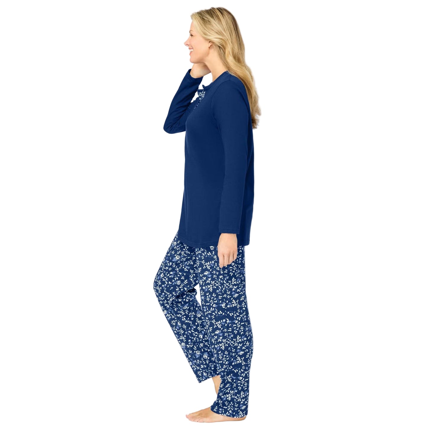Women’s Evening Blue Ivory Henley Pajama Set with solid henley-style top and floral elastic waist pants, made from soft pure cotton.
