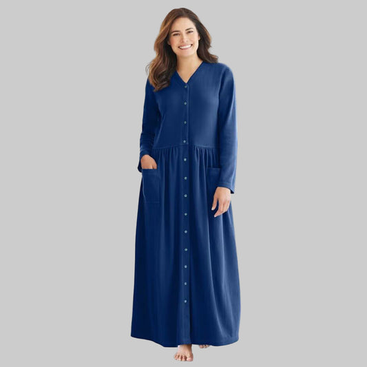 Women’s Evening Blue long knit lounger with snap-front closure, patch pockets, and long sleeves in soft cotton/poly fabric.