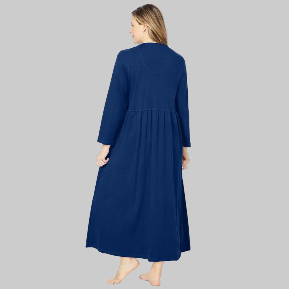 Women’s Evening Blue long knit lounger with snap-front closure, patch pockets, and long sleeves in soft cotton/poly fabric.