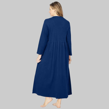 Women’s Evening Blue long knit lounger with snap-front closure, patch pockets, and long sleeves in soft cotton/poly fabric.