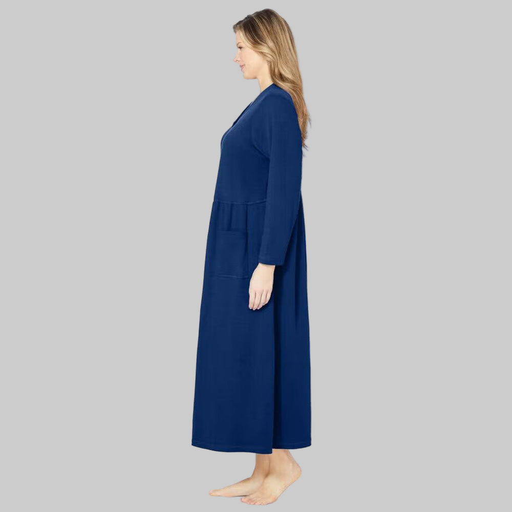 Women’s Evening Blue long knit lounger with snap-front closure, patch pockets, and long sleeves in soft cotton/poly fabric.