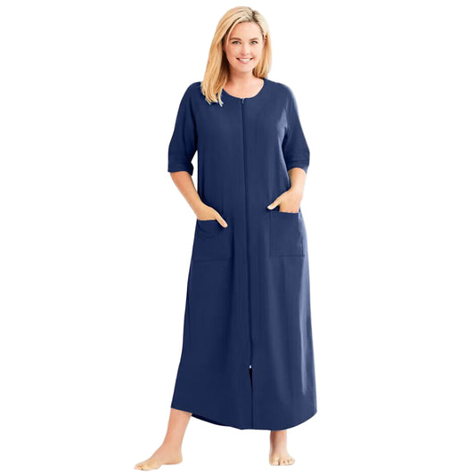 Flat-lay of Evening Blue Long French Terry Robe on neutral background