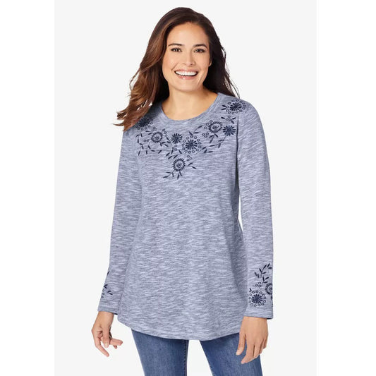 Evening Blue Marled Embroidery Floral Sweatshirt PSW-8712