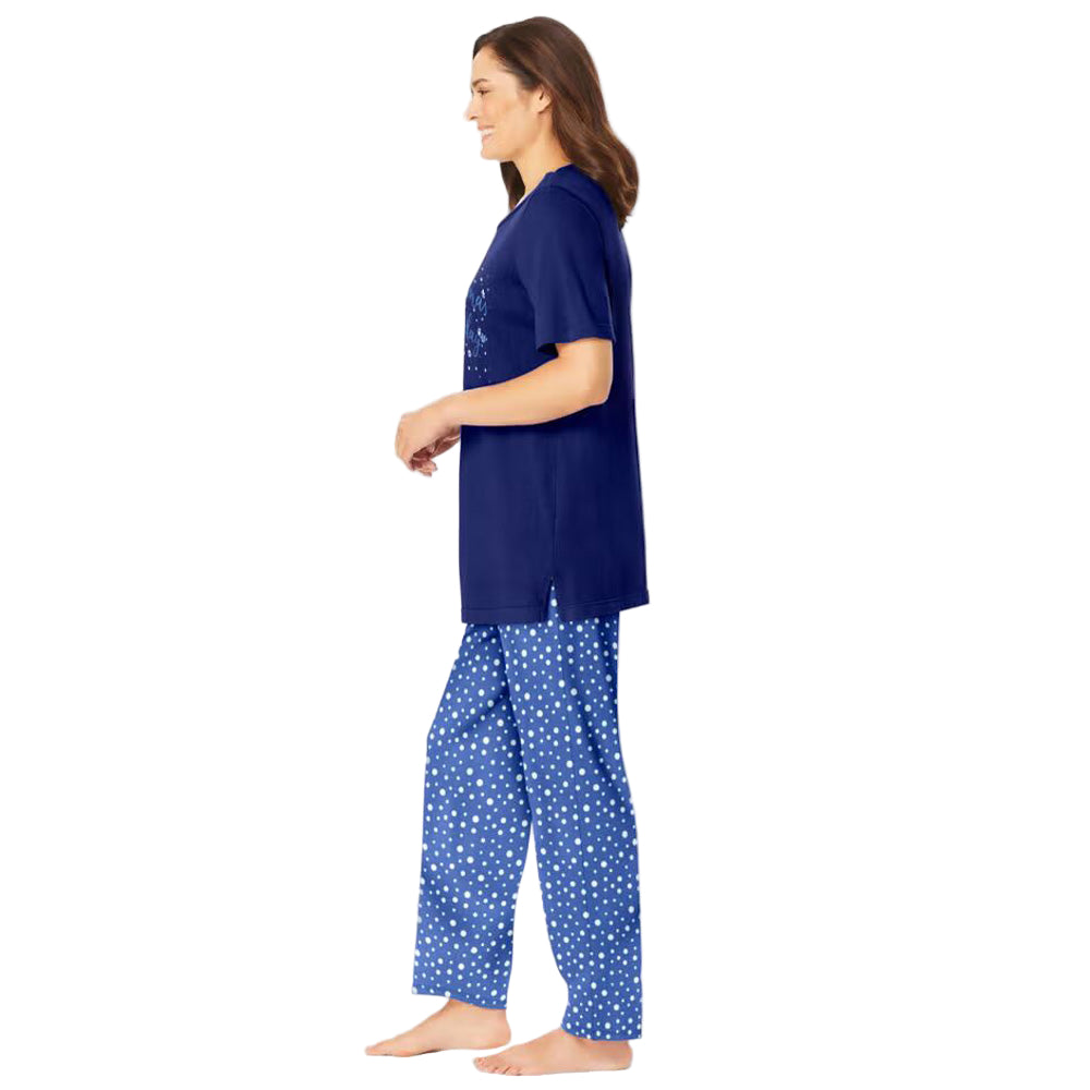 “Evening Blue Graphic Tee Pajama Set – cotton sleepwear with printed pants and side-slit graphic top”