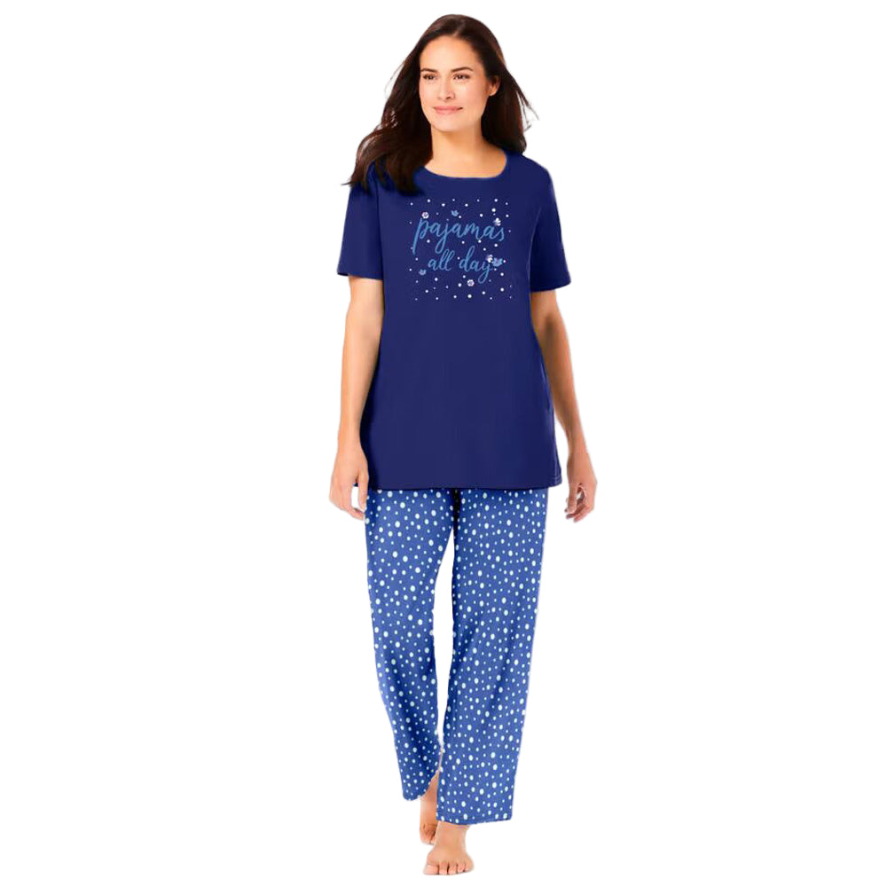 “Evening Blue Graphic Tee Pajama Set – cotton sleepwear with printed pants and side-slit graphic top”