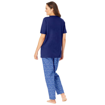 “Evening Blue Graphic Tee Pajama Set – cotton sleepwear with printed pants and side-slit graphic top”