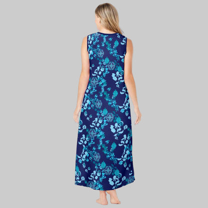 Plus-size woman wearing an evening blue sleeveless V-neck lounger with peony floral print, side pockets, and side slits on a white background.