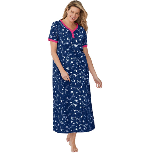 Plus size woman wearing evening blue star print Henley sleepshirt
