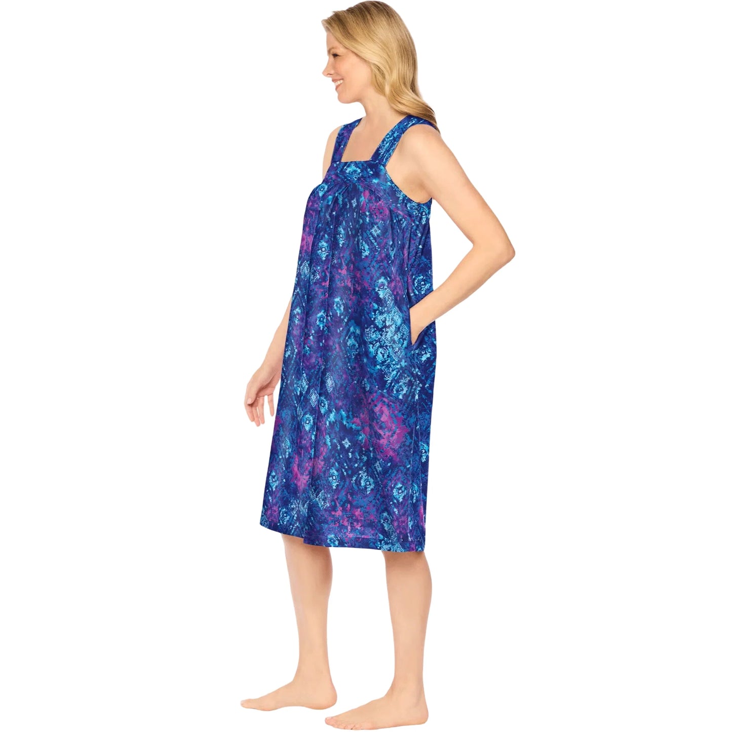 Evening Blue Tie Dye Sleeveless Square Neck Lounger with shirred yoke, elastic back, side pockets, and 42-inch length – women’s loungewear.
